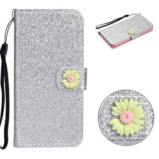 Glitter Powder Flower Decor Leather Stand Wallet Case for Samsung Galaxy S20 4G/S20 5G - Silver