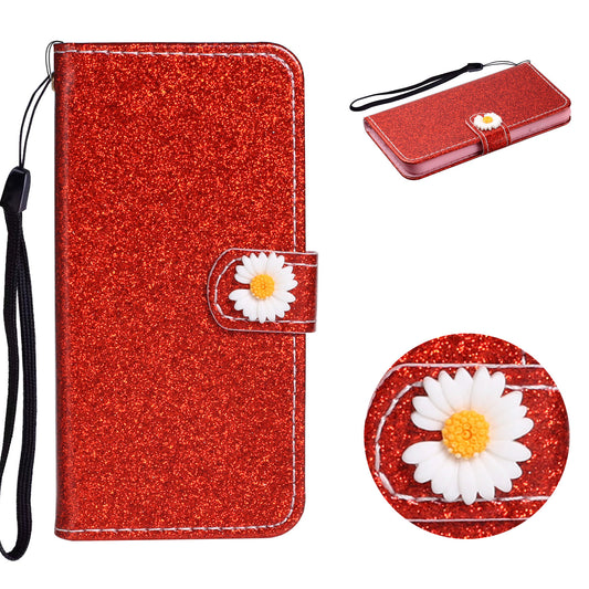 Glitter Powder Flower Decor Leather Stand Wallet Case for Samsung Galaxy S20 4G/S20 5G - Red