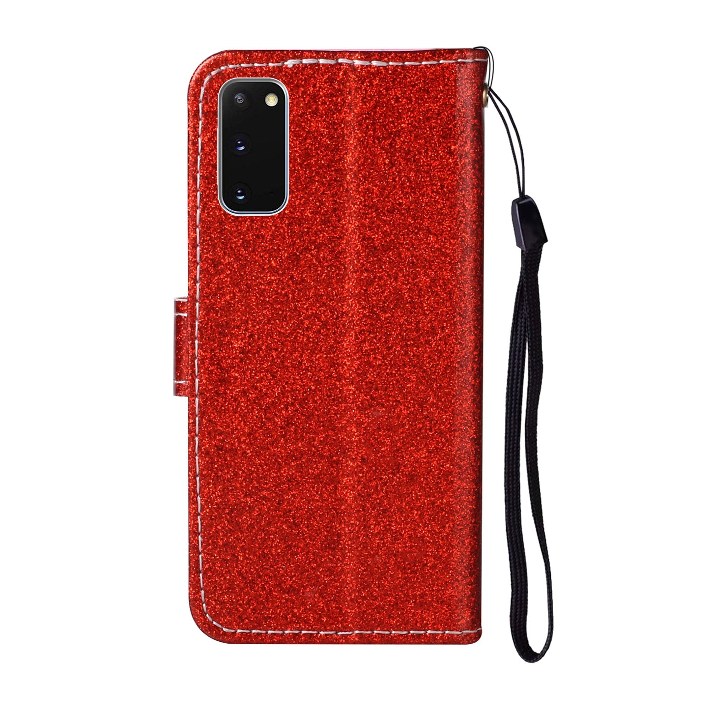Glitter Powder Flower Decor Leather Stand Wallet Case for Samsung Galaxy S20 4G/S20 5G - Red