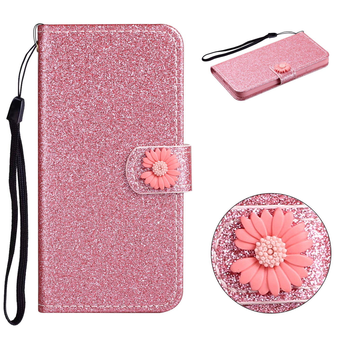 Glitter Powder Flower Decor Leather Stand Wallet Case for Samsung Galaxy S20 4G/S20 5G - Pink