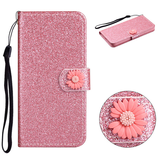 Glitter Powder Flower Decor Leather Stand Wallet Case for Samsung Galaxy S20 4G/S20 5G - Pink