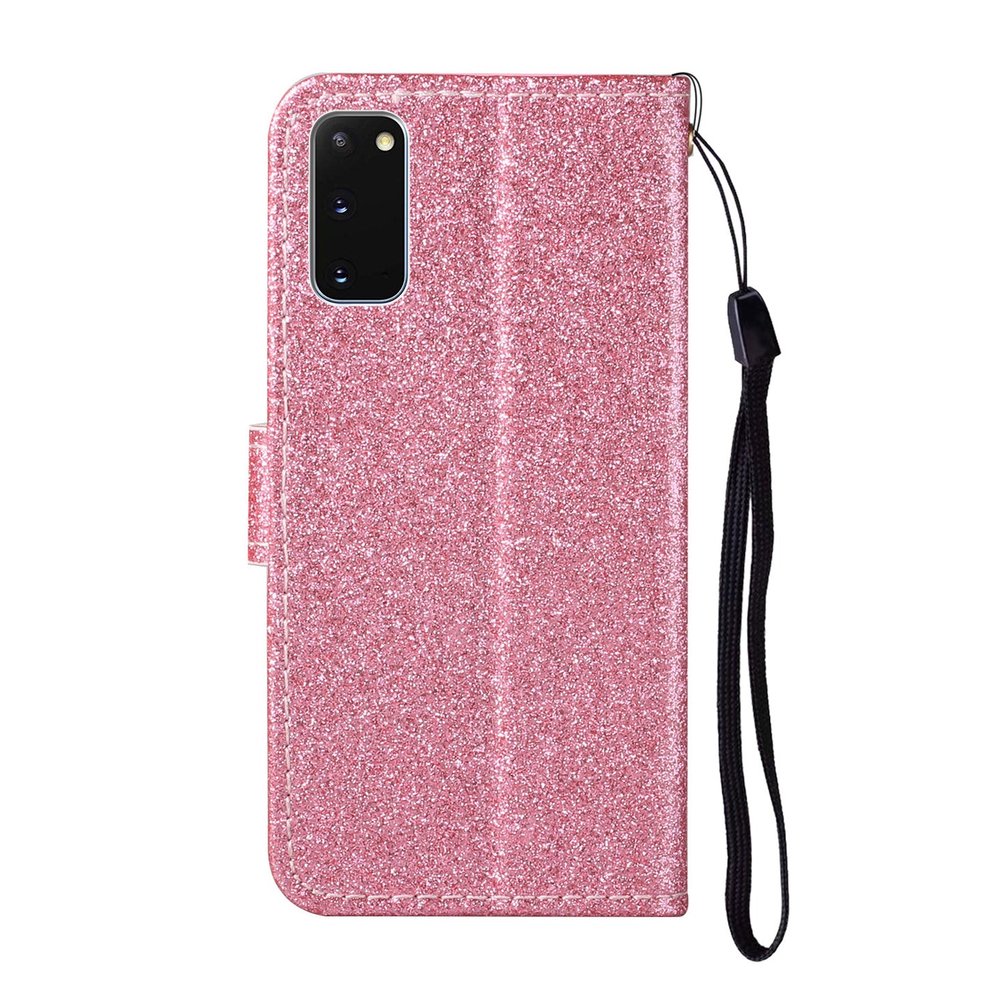 Glitter Powder Flower Decor Leather Stand Wallet Case for Samsung Galaxy S20 4G/S20 5G - Pink