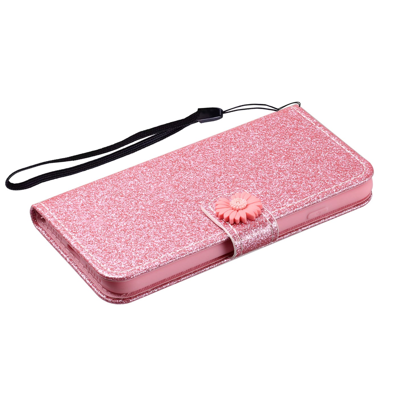 Glitter Powder Flower Decor Leather Stand Wallet Case for Samsung Galaxy S20 4G/S20 5G - Pink