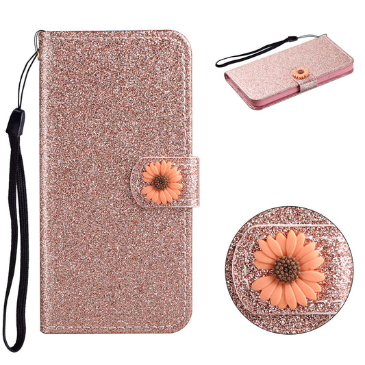 Glitter Powder Flower Decor Leather Stand Wallet Case for Samsung Galaxy S20 4G/S20 5G - Rose Gold