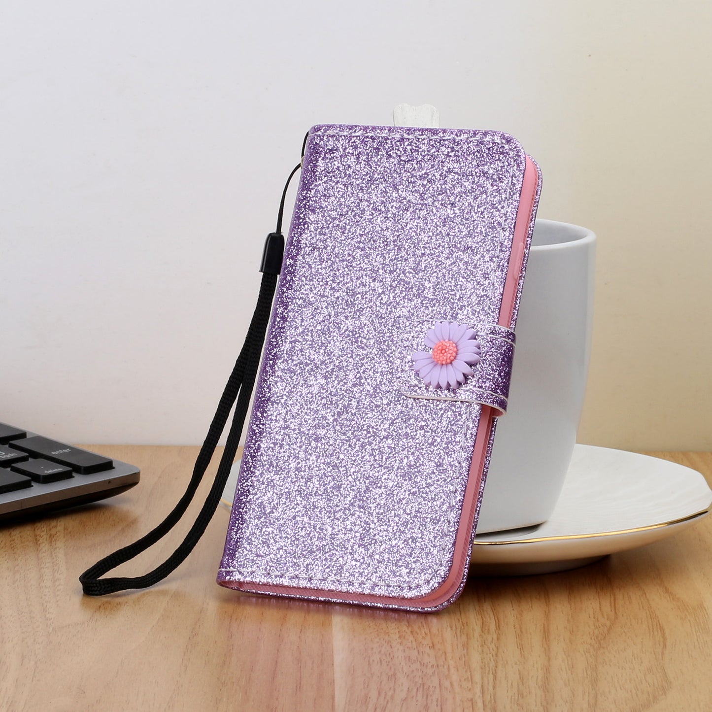 Glitter Powder Flower Decor Leather Stand Wallet Case for Samsung Galaxy S20 4G/S20 5G - Purple