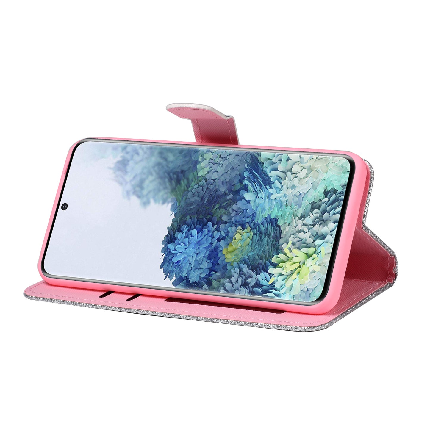 Glitter Powder Flower Decor Leather Stand Wallet Case for Samsung Galaxy S20 Plus / S20 Plus 5G - Silver
