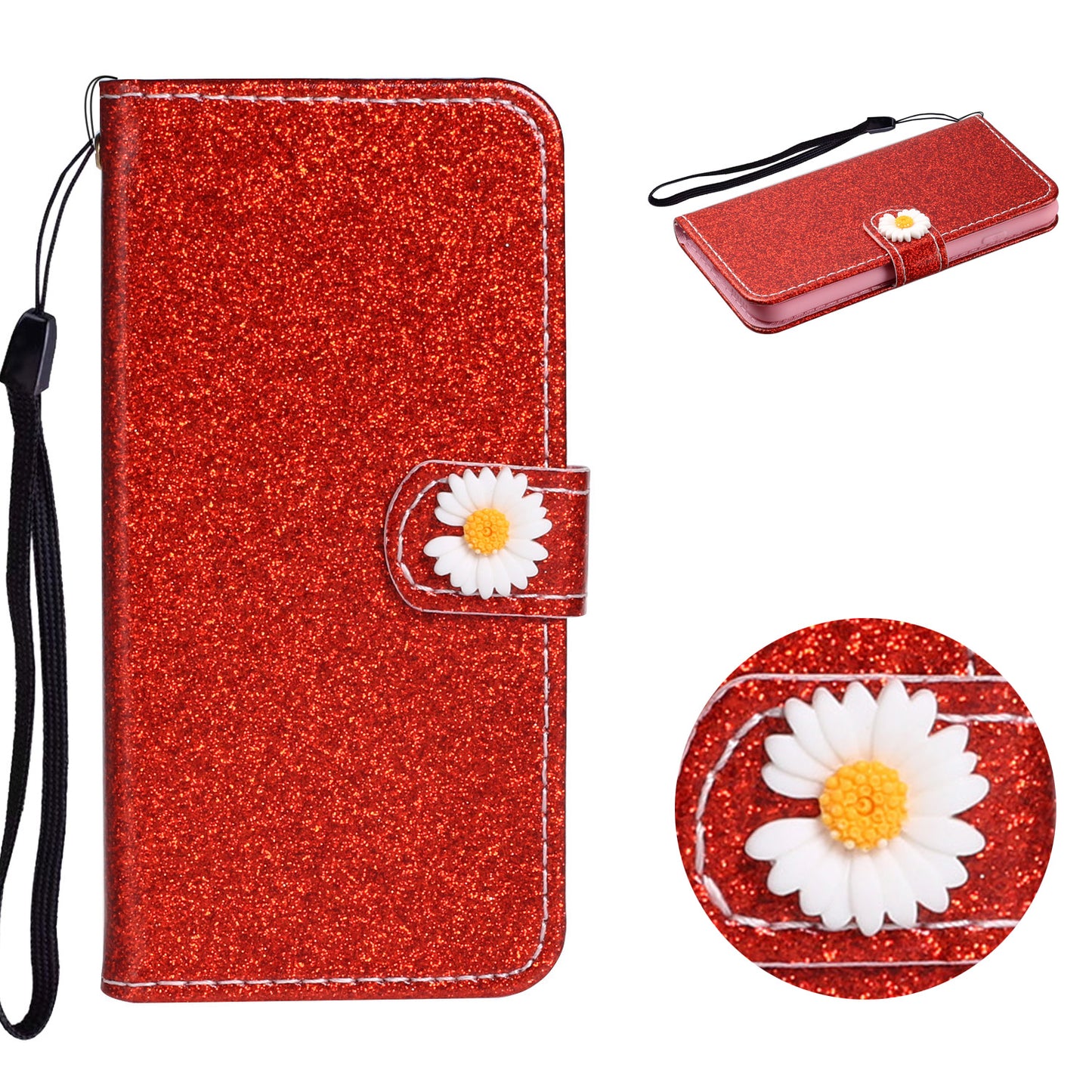 Glitter Powder Flower Decor Leather Stand Wallet Case for Samsung Galaxy S20 Plus / S20 Plus 5G - Red