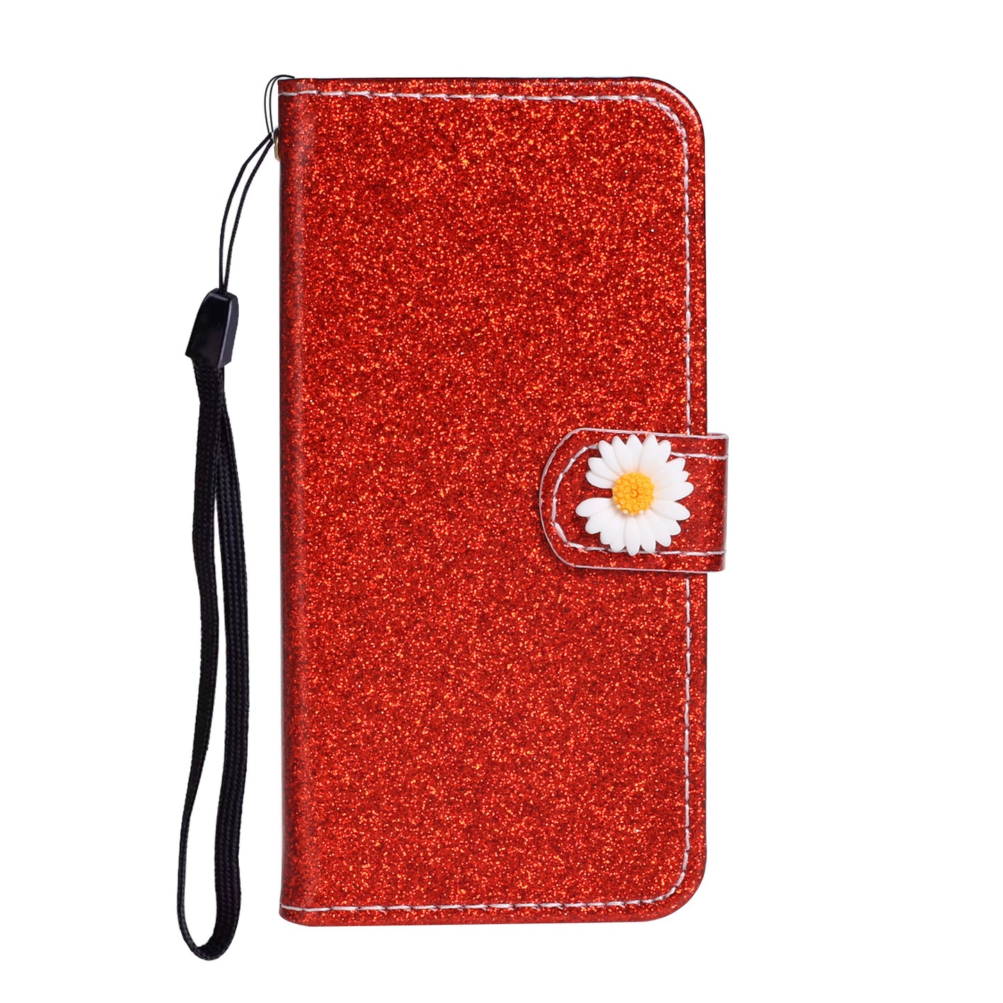 Glitter Powder Flower Decor Leather Stand Wallet Case for Samsung Galaxy S20 Plus / S20 Plus 5G - Red