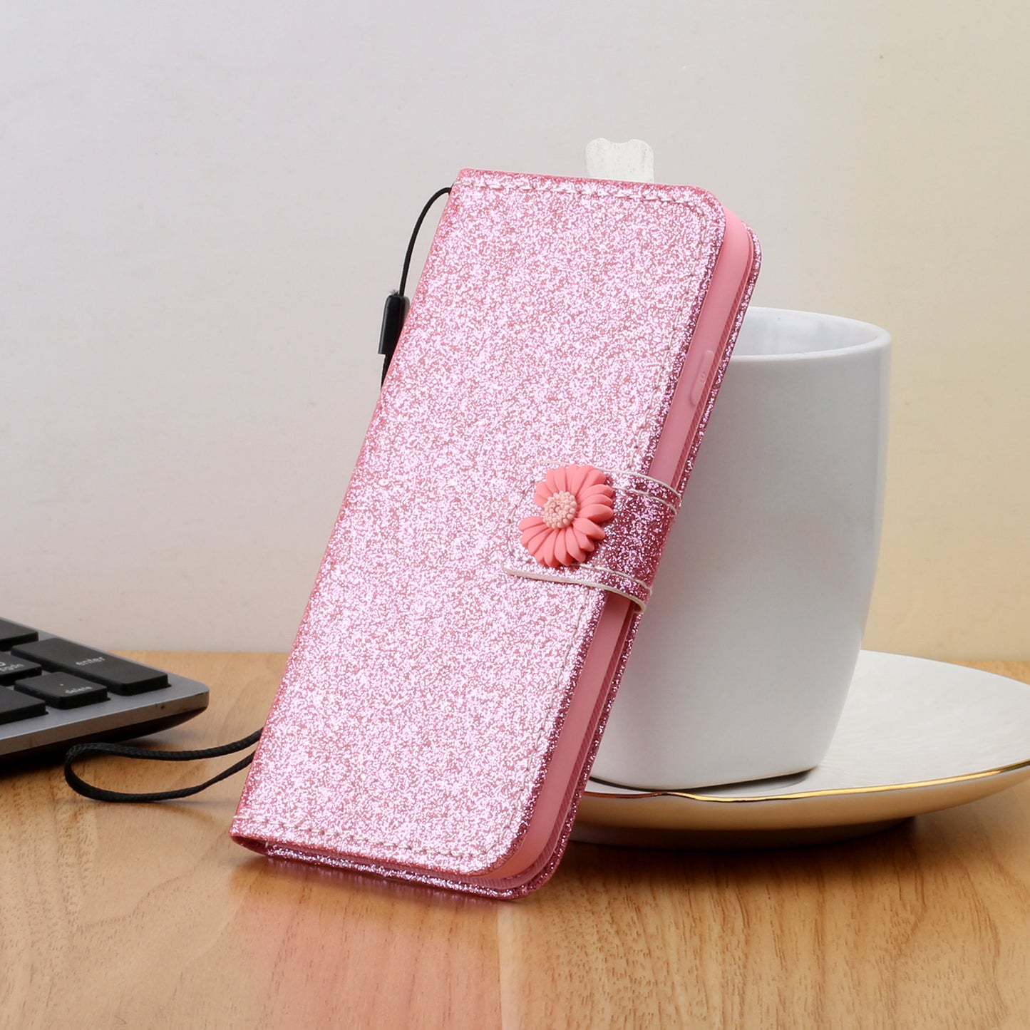 Glitter Powder Flower Decor Leather Stand Wallet Case for Samsung Galaxy S20 Plus / S20 Plus 5G - Pink