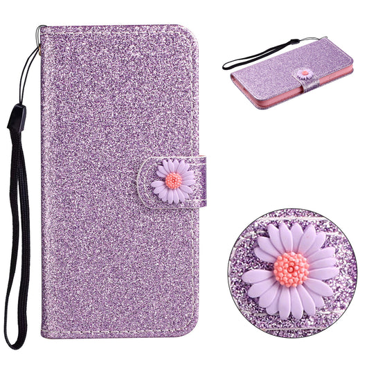 Glitter Powder Flower Decor Leather Stand Wallet Case for Samsung Galaxy S20 Plus / S20 Plus 5G - Purple