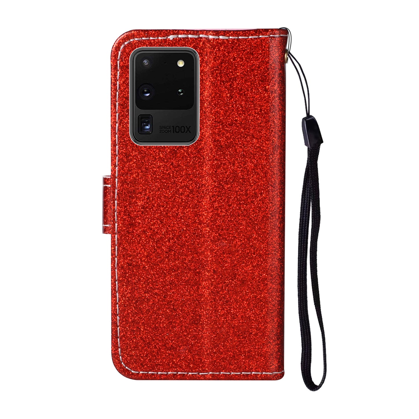 Glitter Powder Flower Decor Leather Stand Wallet Case for Samsung Galaxy S20 Ultra - Red