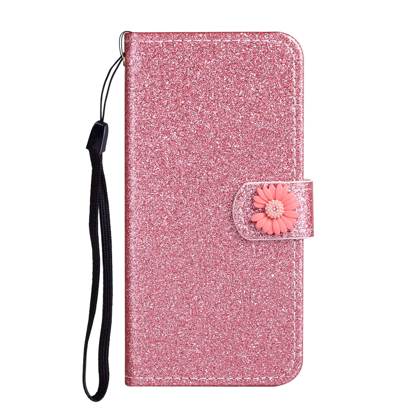 Glitter Powder Flower Decor Leather Stand Wallet Case for Samsung Galaxy S20 Ultra - Pink