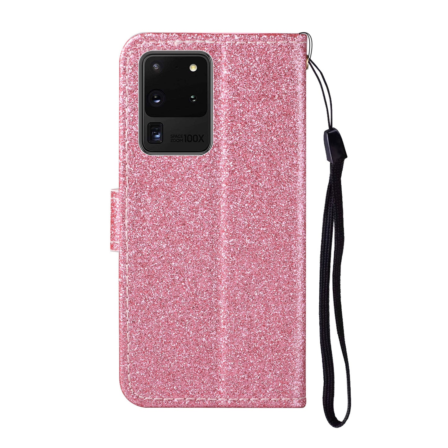 Glitter Powder Flower Decor Leather Stand Wallet Case for Samsung Galaxy S20 Ultra - Pink