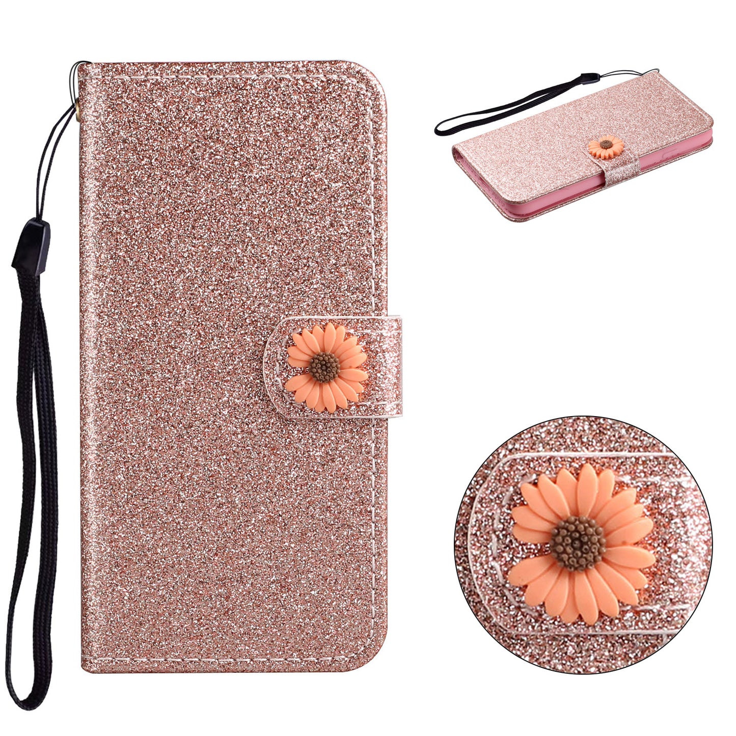 Glitter Powder Flower Decor Leather Stand Wallet Case for Samsung Galaxy S20 Ultra - Rose Gold