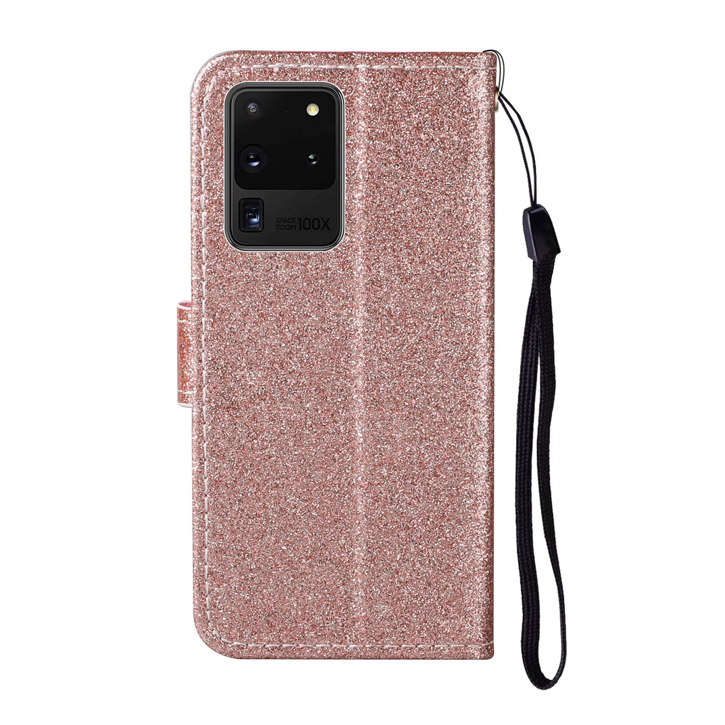 Glitter Powder Flower Decor Leather Stand Wallet Case for Samsung Galaxy S20 Ultra - Rose Gold