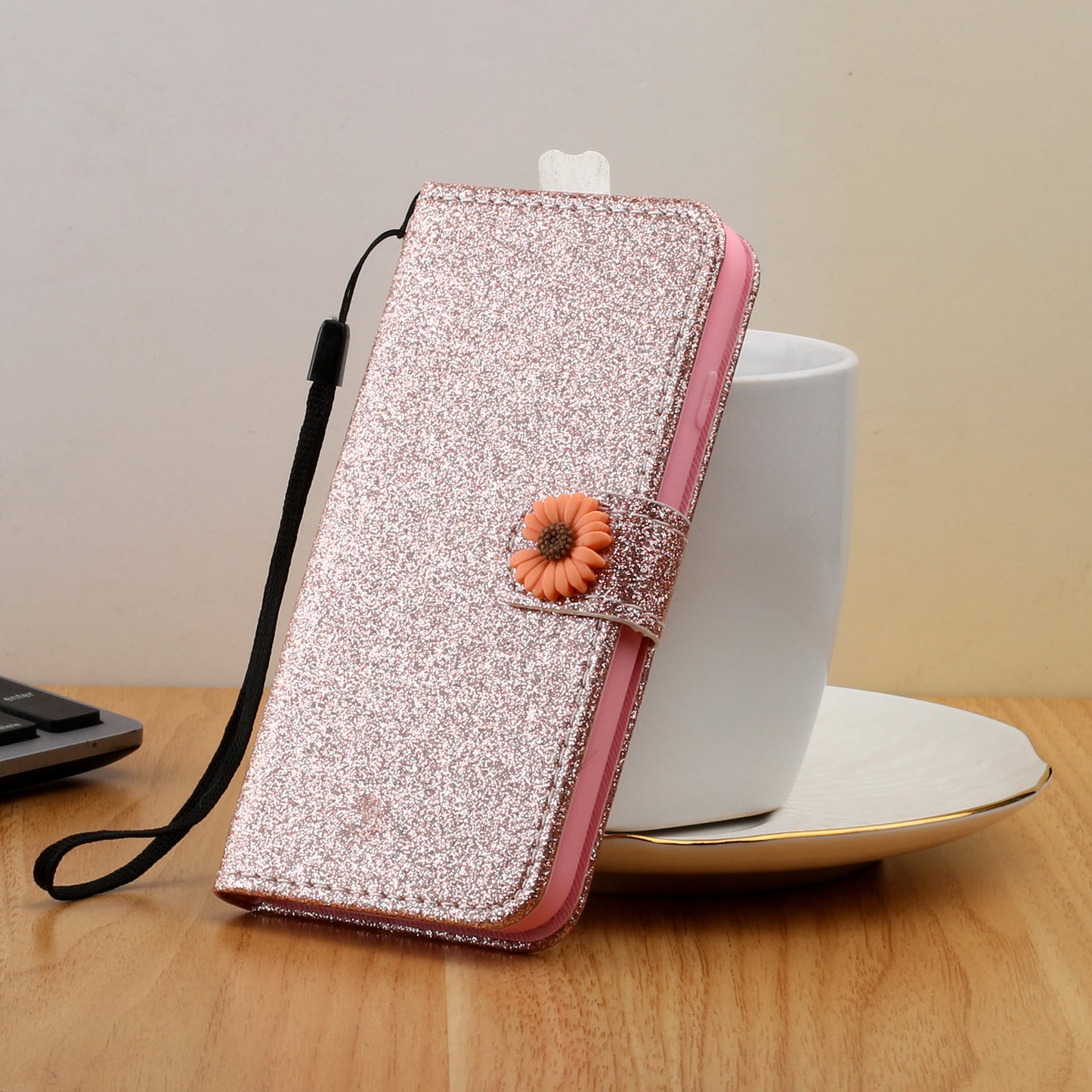 Glitter Powder Flower Decor Leather Stand Wallet Case for Samsung Galaxy S20 Ultra - Rose Gold