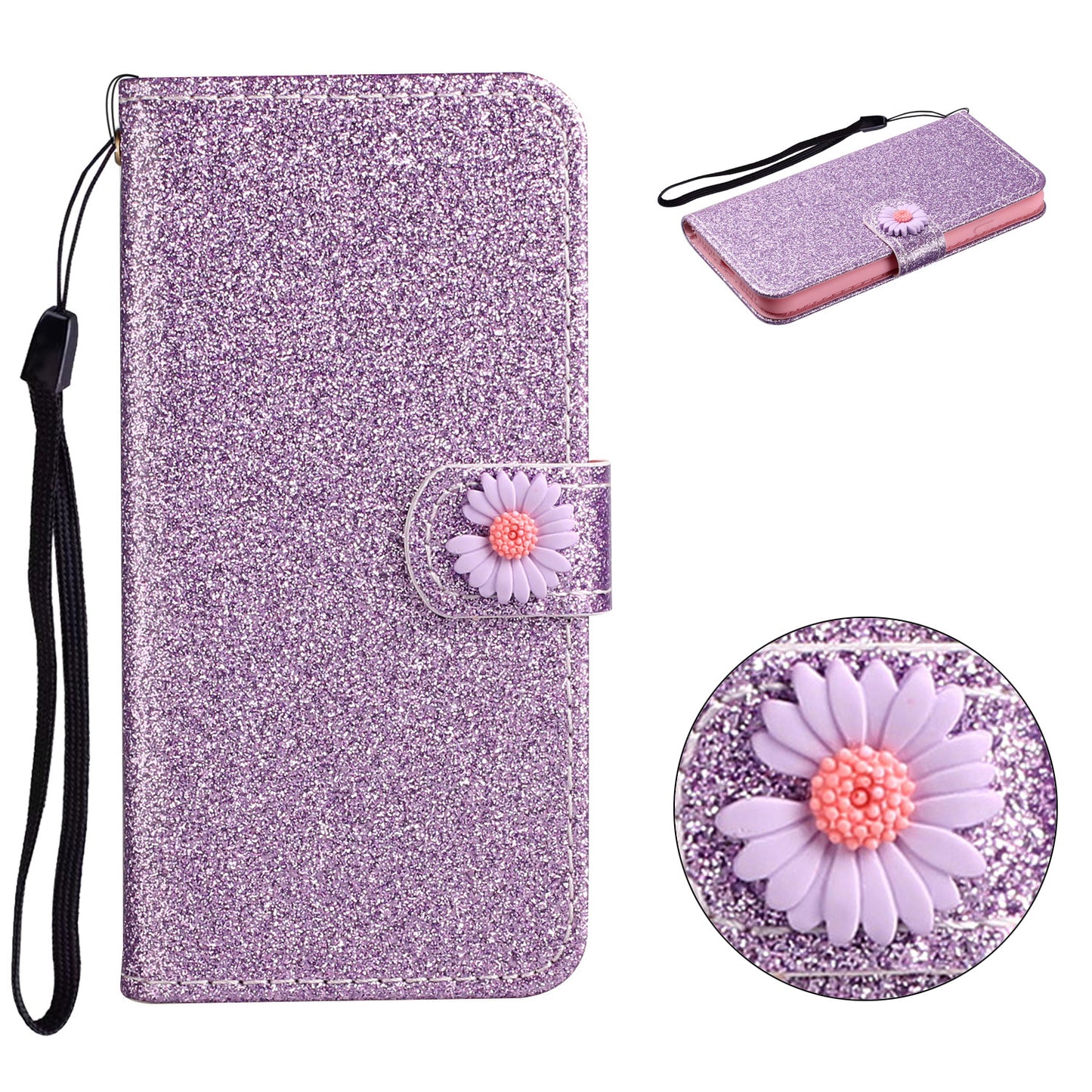 Glitter Powder Flower Decor Leather Stand Wallet Case for Samsung Galaxy S20 Ultra - Purple