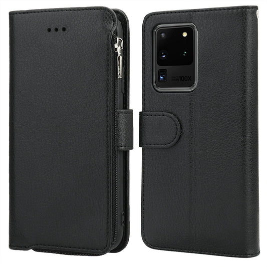 Microfiber Leather Phone Case Zipper Pocket Wallet  for Samsung Galaxy S20 Ultra - Black