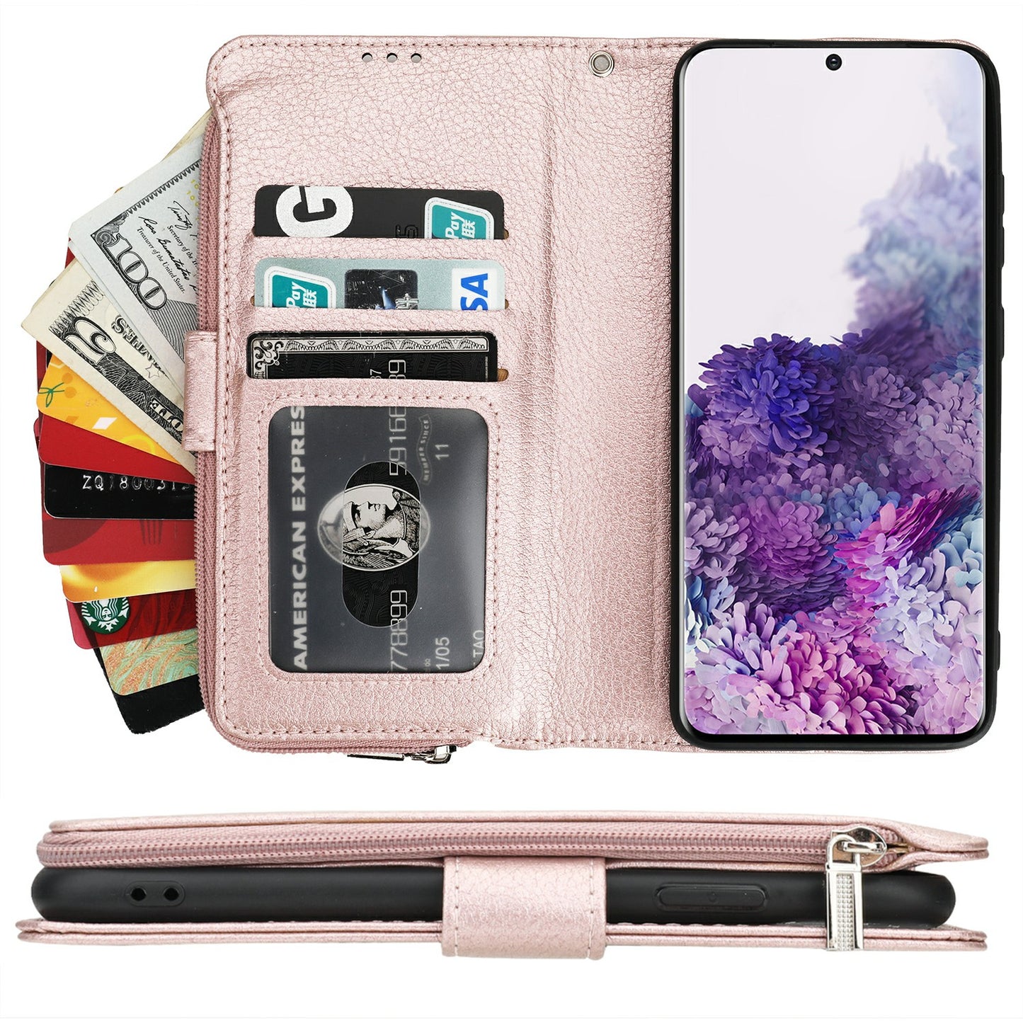 Microfiber Leather Zipper Wallet Case with Strap for Samsung Galaxy S20 4G/S20 5G - Rose Gold
