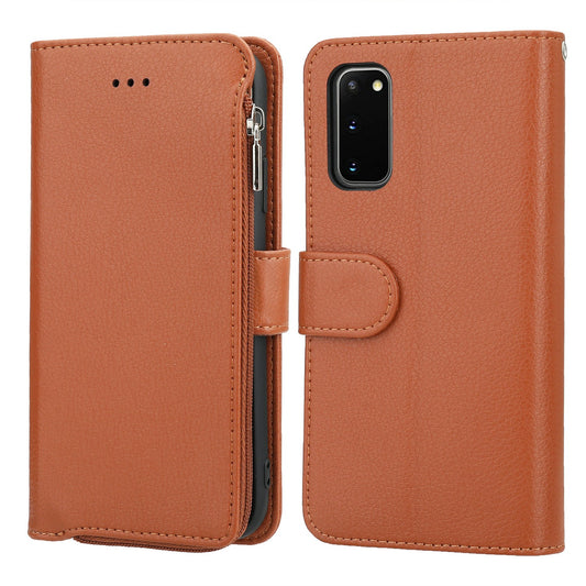 Microfiber Leather Zipper Wallet Case with Strap for Samsung Galaxy S20 4G/S20 5G - Brown
