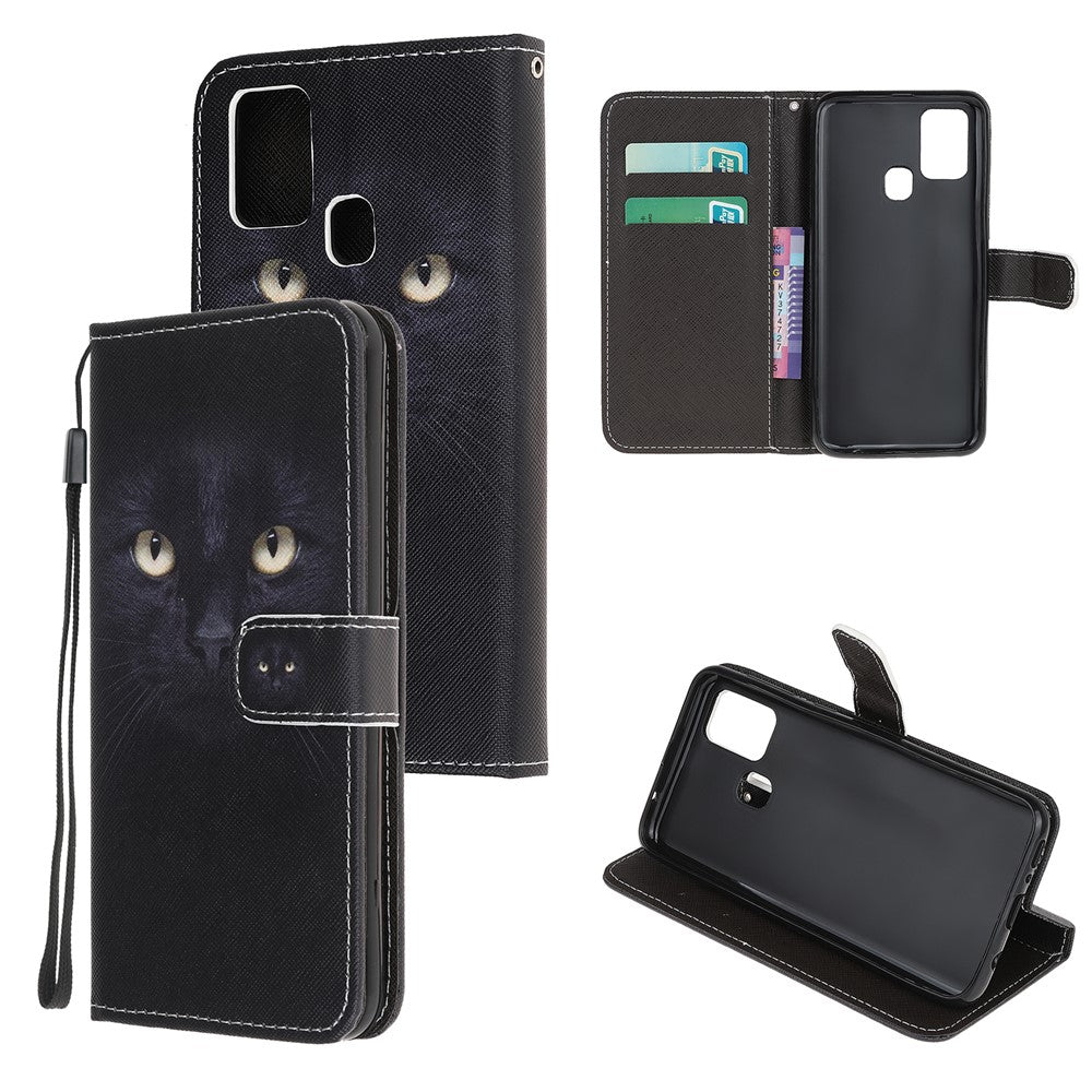 Pattern Printing Cross Texture Leather Wallet Phone Case with Strap for Samsung Galaxy M31 - Cat Eyes