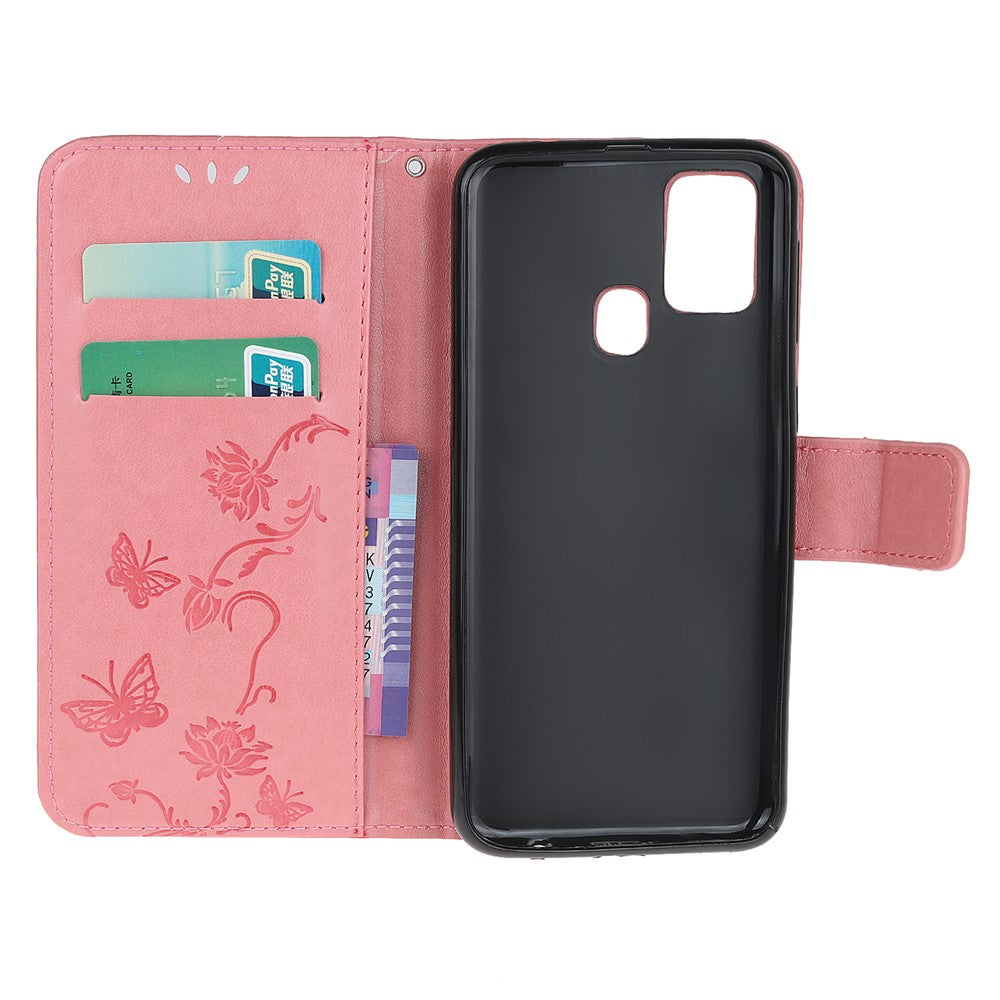 Imprint Butterfly Flower Wallet Leather Cell Phone Case for Samsung Galaxy M21/M30s - Pink