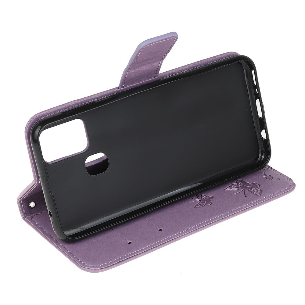 Imprint Butterfly Flower Wallet Leather Cell Phone Case for Samsung Galaxy M21/M30s - Light Purple