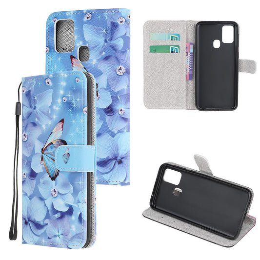 Pattern Printing Cross Texture Leather Mobile Cover for Samsung Galaxy M21 / M30s - Butterfly and Flowers