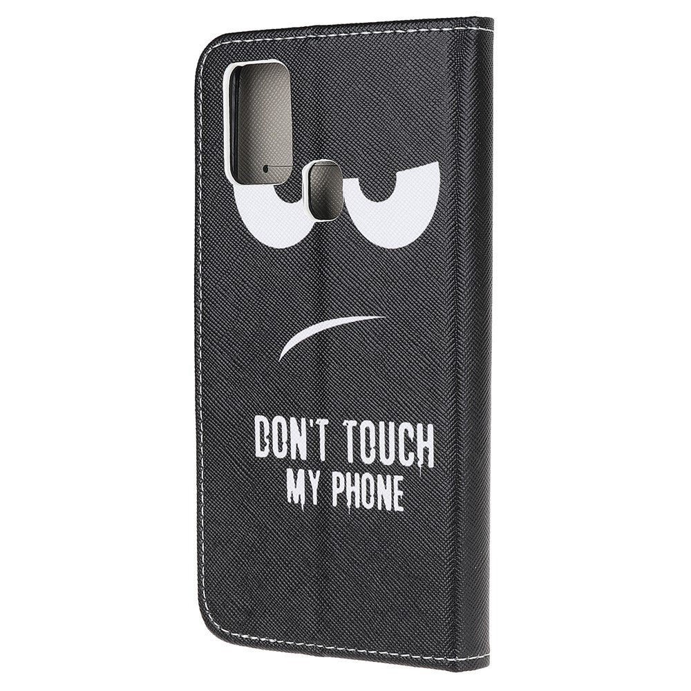Cross Texture Pattern Printing Leather Wallet Cover with Strap for Samsung Galaxy M21 - Don't Touch My Phone