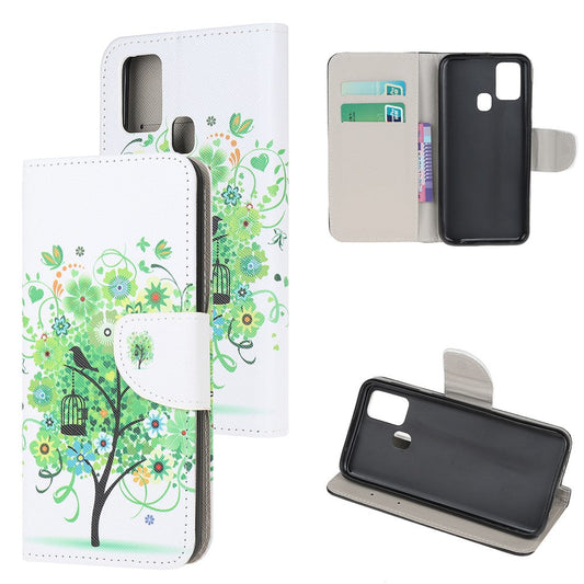 Cross Texture Pattern Printing Leather Wallet Cover with Strap for Samsung Galaxy M21 - Green Tree with Birdcage
