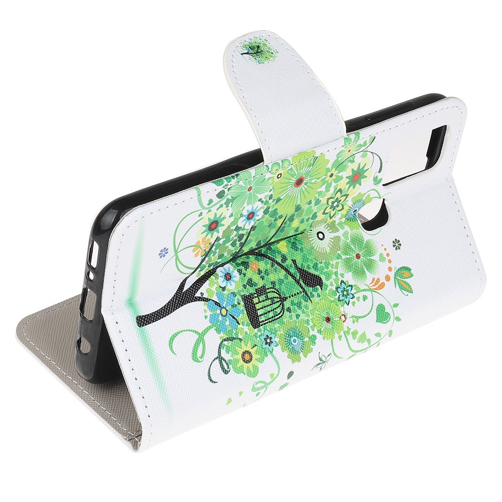 Cross Texture Pattern Printing Leather Wallet Cover with Strap for Samsung Galaxy M21 - Green Tree with Birdcage