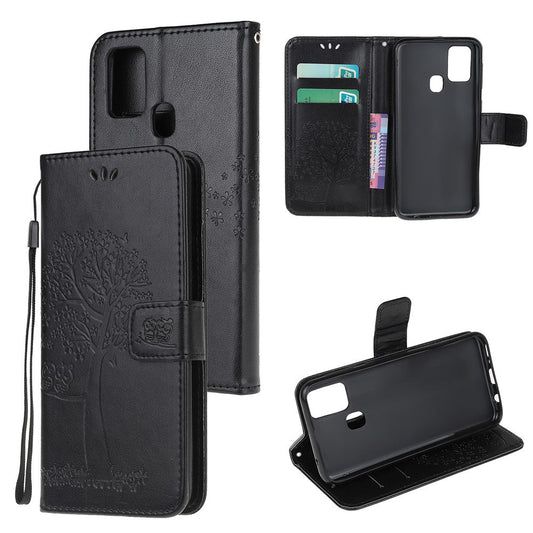 Imprint Tree Owl Leather Stylish Wallet  Stand Case for Samsung Galaxy M21/M30s - Black