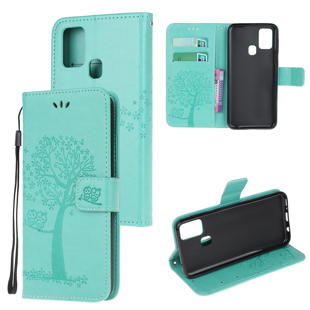 Imprint Tree Owl Leather Stylish Wallet  Stand Case for Samsung Galaxy M21/M30s - Cyan