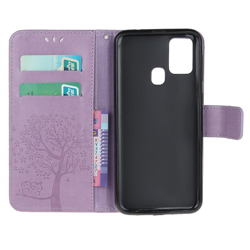 Imprint Tree Owl Leather Stylish Wallet  Stand Case for Samsung Galaxy M21/M30s - Light Purple