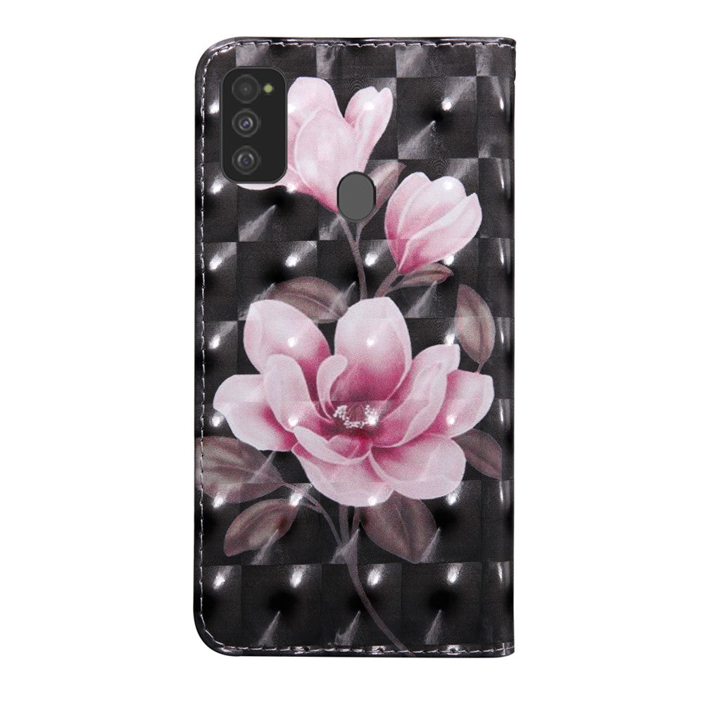 Light Spot Decor Pattern Printing Wallet Stand Leather Case with Strap for Samsung Galaxy M21 - Pink Flower