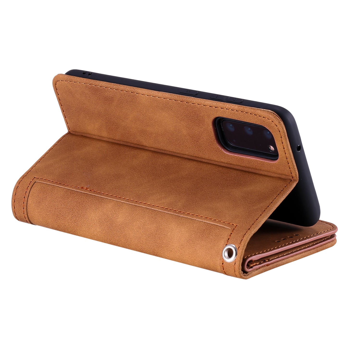 Zipper Pocket Wallet Stand Flip Leather Cell Phone Cover Casing for Samsung Galaxy S20 Plus/S20 Plus 5G  - Brown