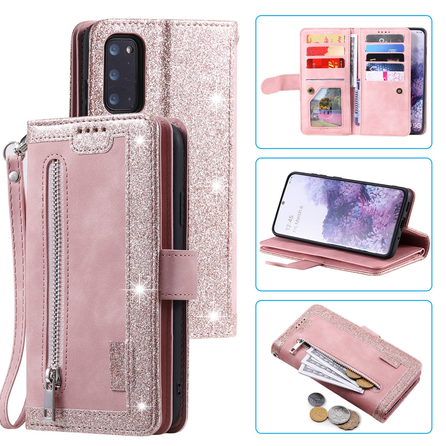 Zipper Pocket Wallet Stand Flip Leather Cell Phone Cover Casing for Samsung Galaxy S20 Plus/S20 Plus 5G  - Rose Gold