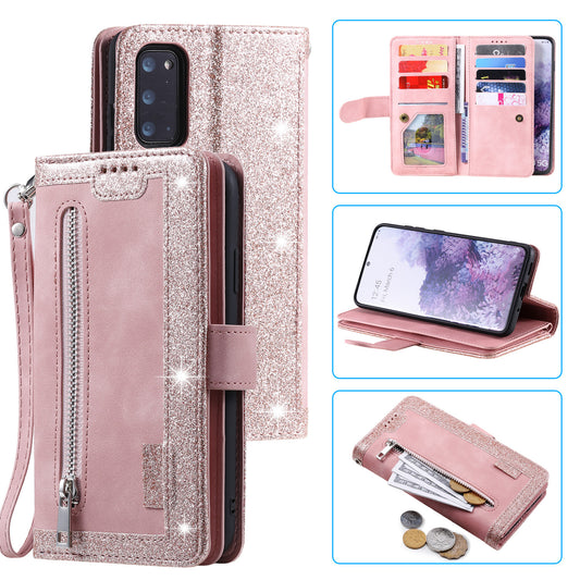 Zipper Pocket Wallet Stand Flip Leather Cell Phone Cover Casing for Samsung Galaxy S20 Plus/S20 Plus 5G  - Rose Gold