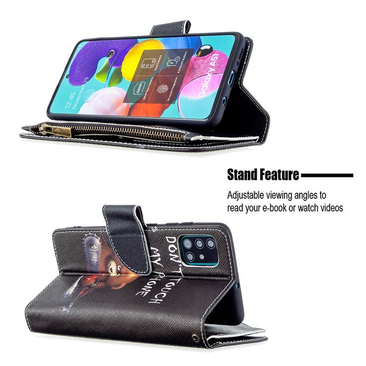 BF03 Pattern Printing Leather Mobile Case with Zipper Wallet for Samsung Galaxy A51 SM-A515 - Don't Touch My Phone