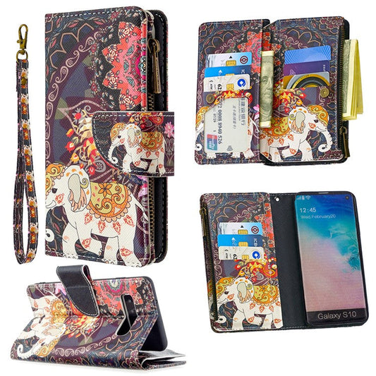 Pattern Printing Zipper Wallet Leather Phone Case for Samsung Galaxy S10 - Elephant