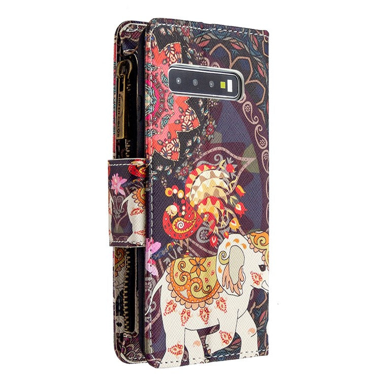 Pattern Printing Zipper Wallet Leather Phone Case for Samsung Galaxy S10 - Elephant