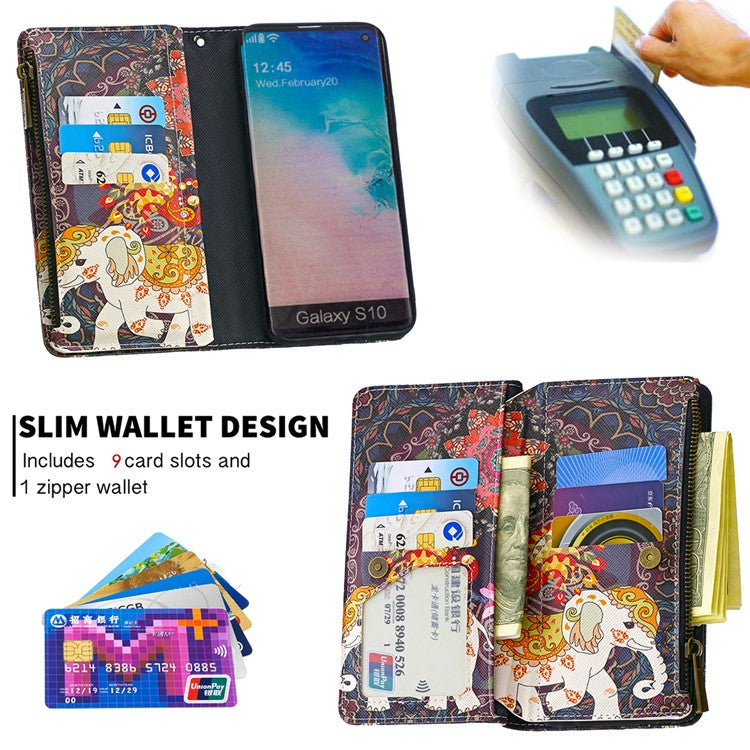 Pattern Printing Zipper Wallet Leather Phone Case for Samsung Galaxy S10 - Elephant