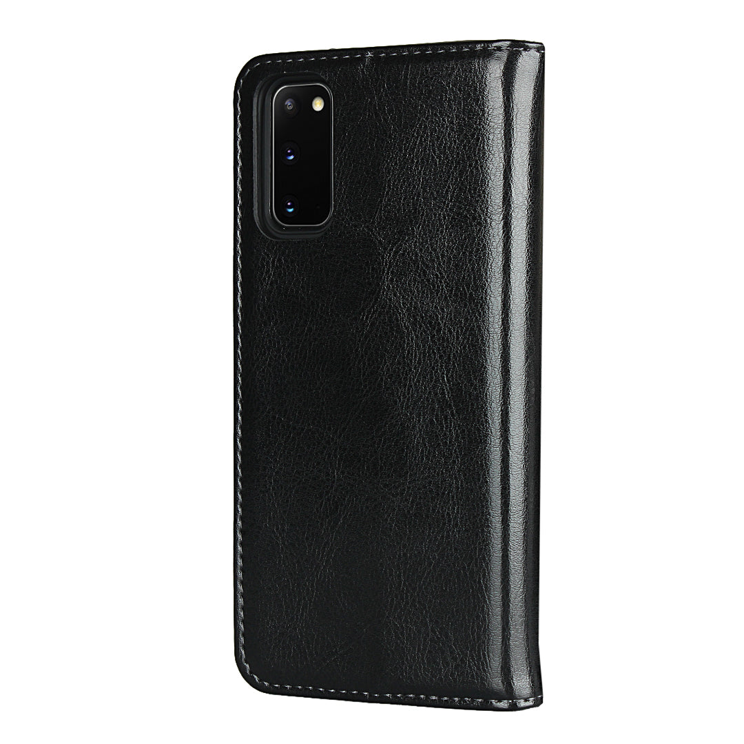 Crazy Horse Texture Genuine Leather Wallet Phone Cover Case for Samsung Galaxy S20 4G/S20 5G - Black