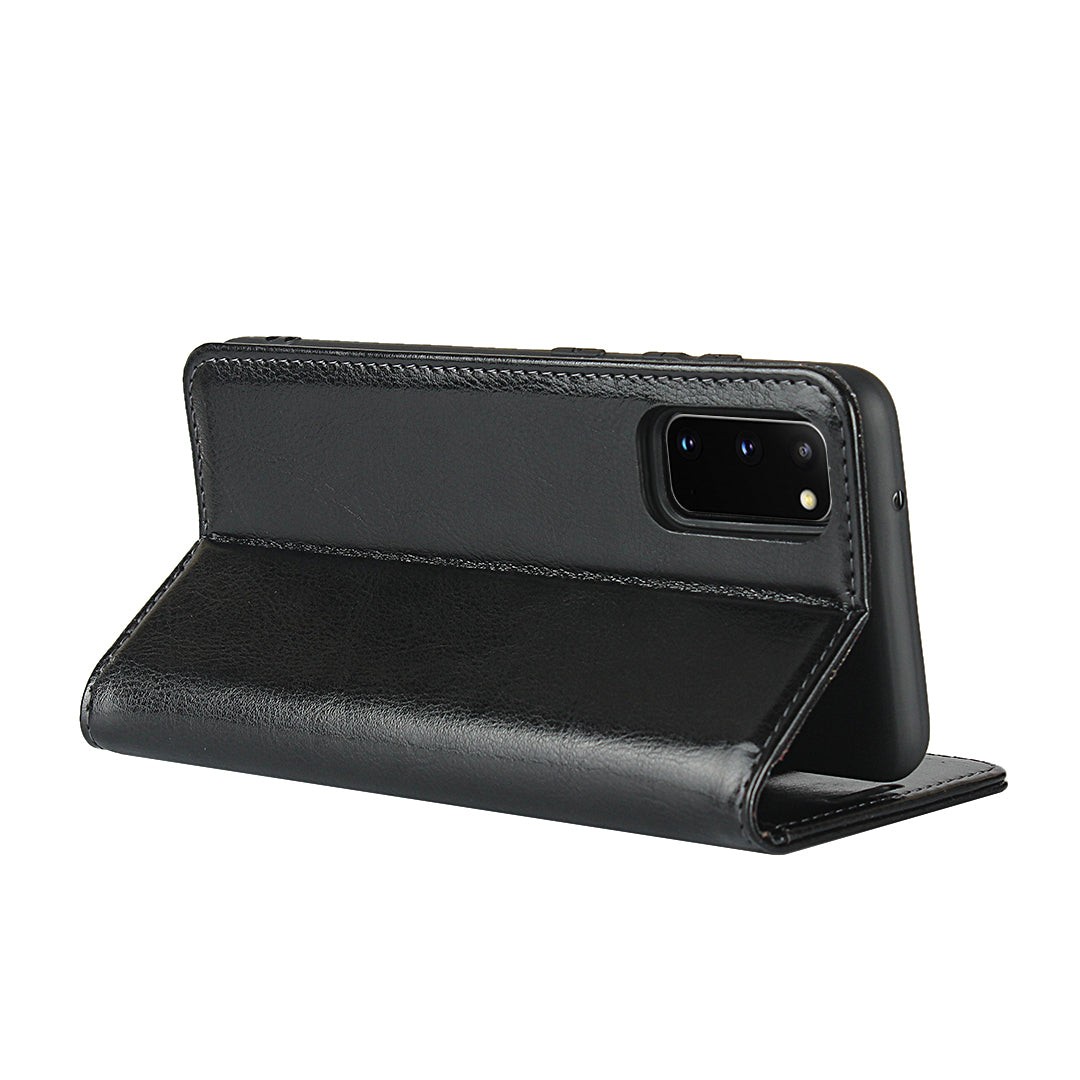Crazy Horse Texture Genuine Leather Wallet Phone Cover Case for Samsung Galaxy S20 4G/S20 5G - Black