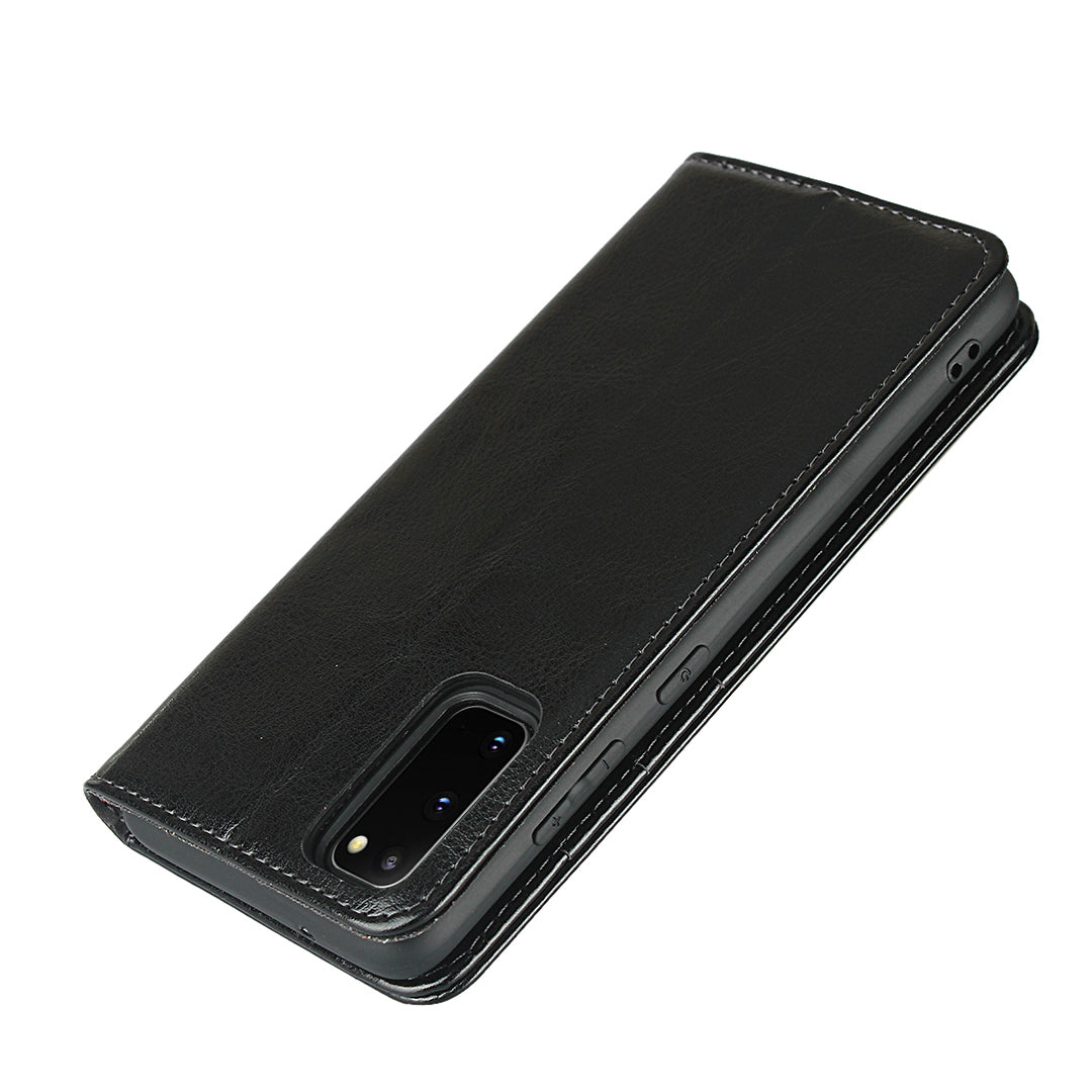 Crazy Horse Texture Genuine Leather Wallet Phone Cover Case for Samsung Galaxy S20 4G/S20 5G - Black