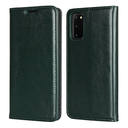 Crazy Horse Texture Genuine Leather Wallet Phone Cover Case for Samsung Galaxy S20 4G/S20 5G - Green
