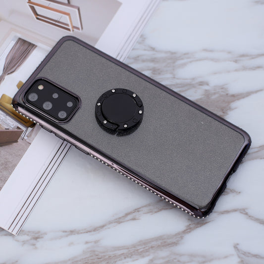 Glittery Powder Electroplating TPU Shell with Metal Kickstand for Samsung Galaxy S20 Plus - Black