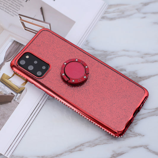 Glittery Powder Electroplating TPU Shell with Metal Kickstand for Samsung Galaxy S20 Plus - Red