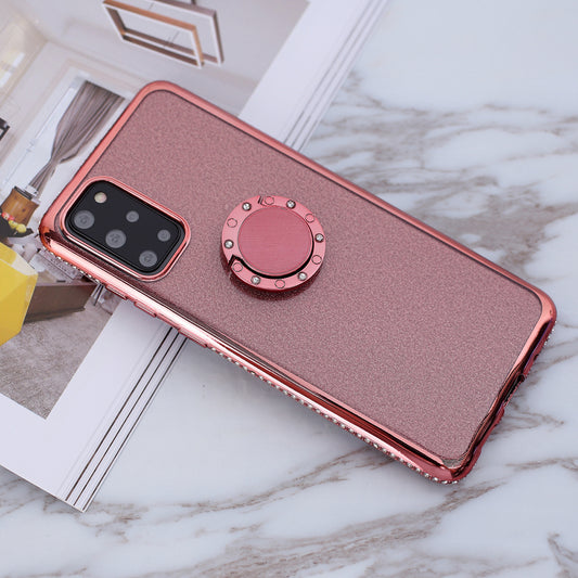 Glittery Powder Electroplating TPU Shell with Metal Kickstand for Samsung Galaxy S20 Plus - Rose Gold