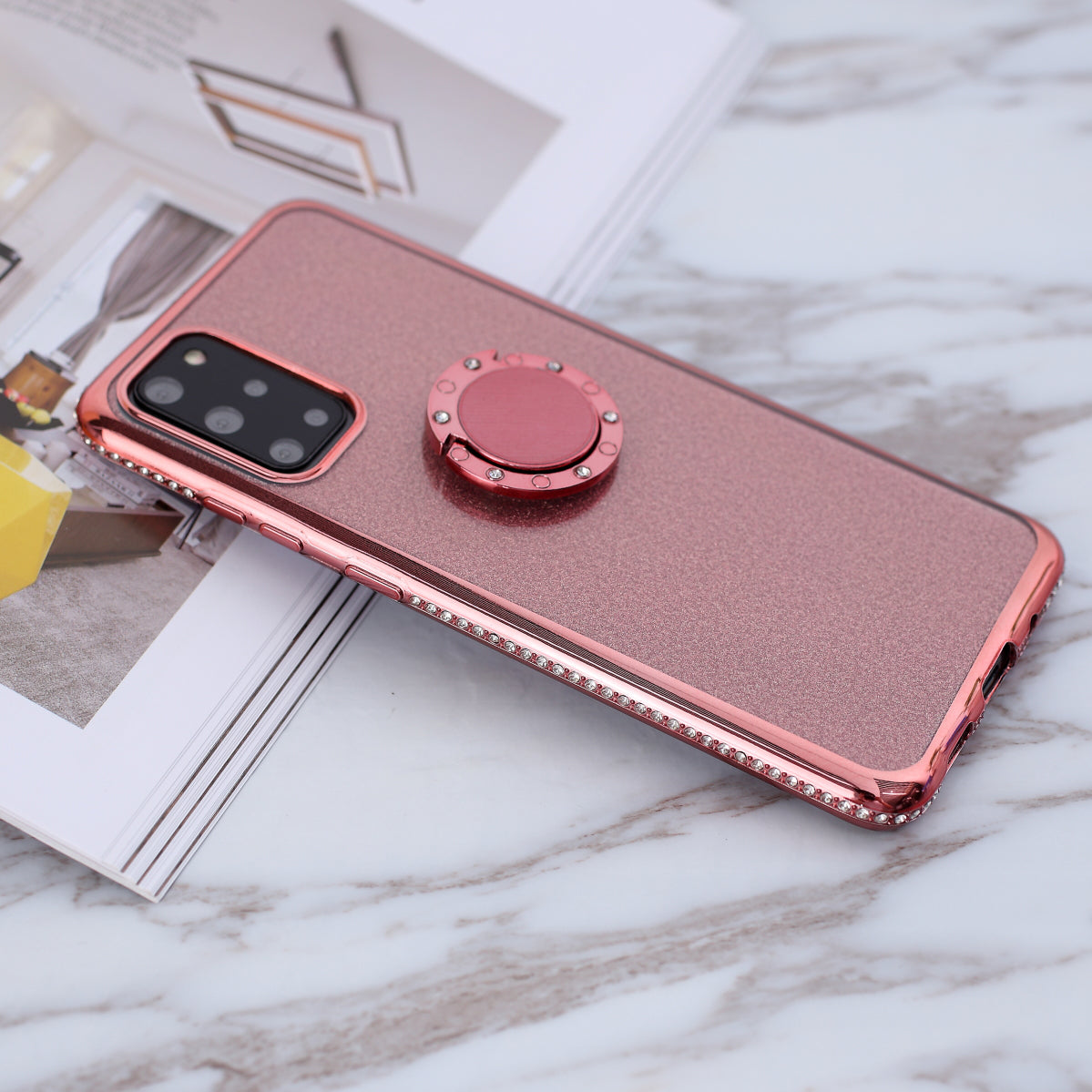 Glittery Powder Electroplating TPU Shell with Metal Kickstand for Samsung Galaxy S20 Plus - Rose Gold